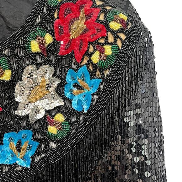 Vintage Oleg Cassini TopWomens M/L Sequin Silk Floral Beaded 80s Deco - Picture 4 of 7